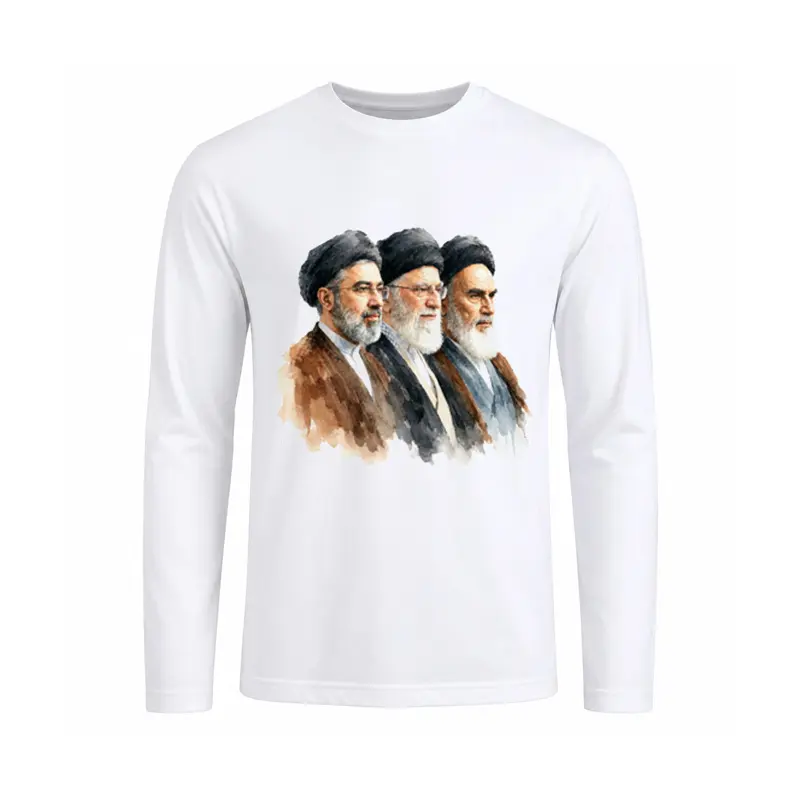 13667-5 تیشرت مردانه آستین بلند طرح نقاشی شهید سید علی خامنه ای , امام خمینی و سید مجتبی خامنه ای - تصویر 1